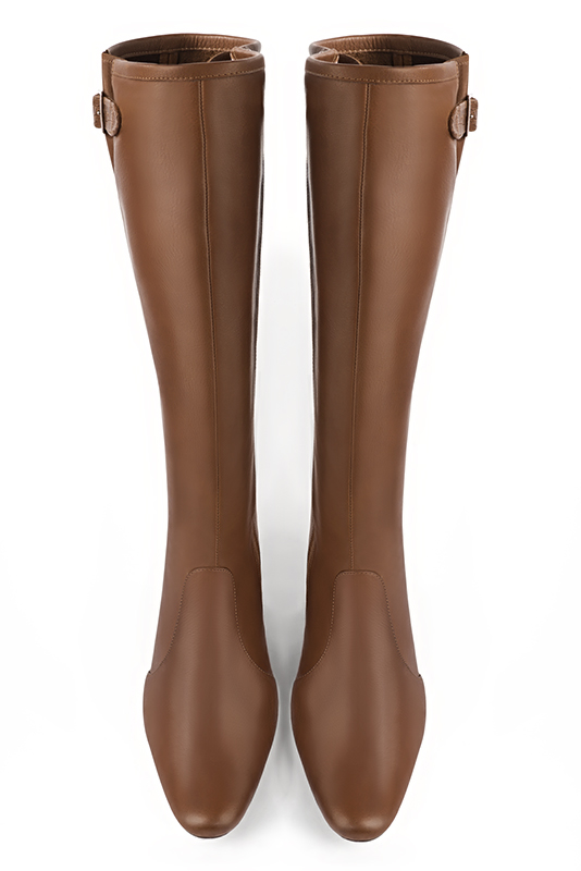 Caramel brown women's knee-high boots with buckles. Round toe. Low flare heels. Made to measure. Top view - Florence KOOIJMAN
